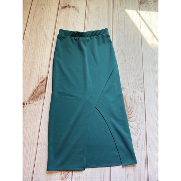 Saints Women’s Teal Pencil Skirt Size Small Elastic Waist Pull On Knee Slit - Picture 1 of 4